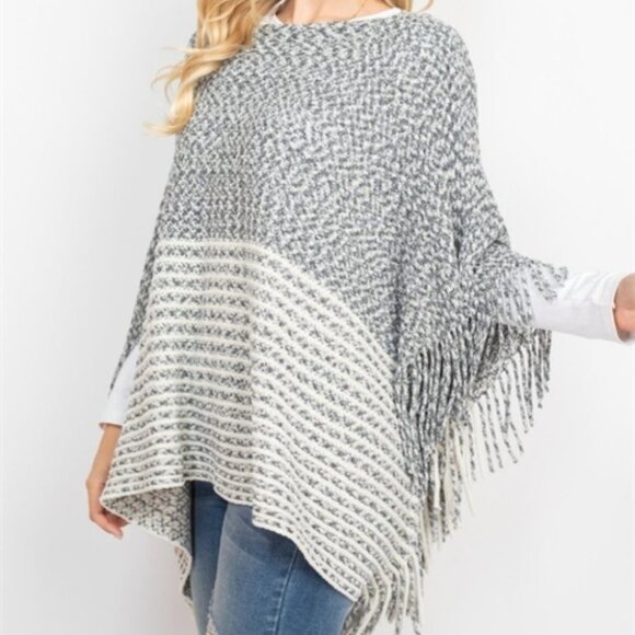 BOHO KNITTED TWO TONE STRIPED FRINGE PONCHO - Picture 4 of 6